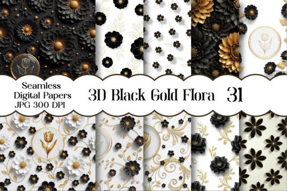 Download 3D Black Gold Floral Digital Paper - Floral Collection
