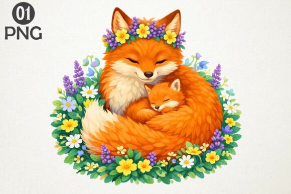 Download Cute Fox Mom Baby Floral Clipart PNG - Floral Collection