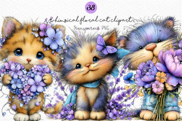 Download Whimsical Floral Cat Clipart Bundle - Floral Collection