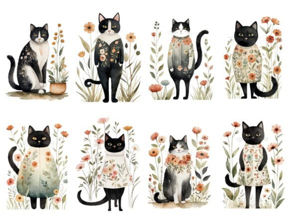 Download Cute Floral Cat Painting 8 PNG - Floral Collection