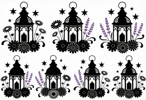 Download Lantern Floral Stars Black White Vector - Floral Collection