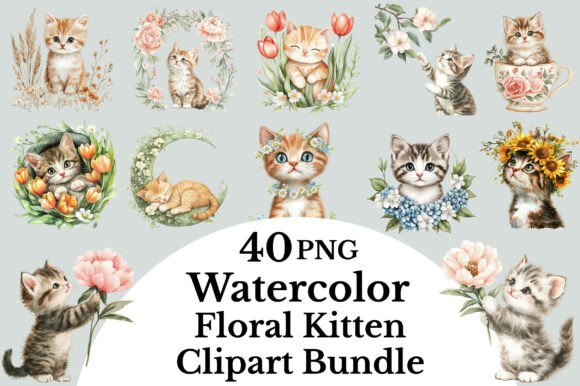 Download Whimsical Floral Kitten Clipart Set - Floral Collection
