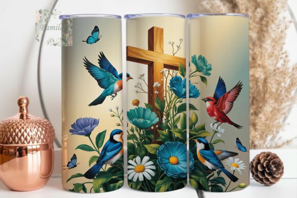 Download Teal Blue Cross Floral Birds Tumbler - Floral Collection