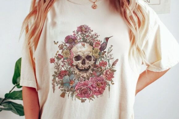 Download Skull Floral Birds Butterfly Art Png - Floral Collection