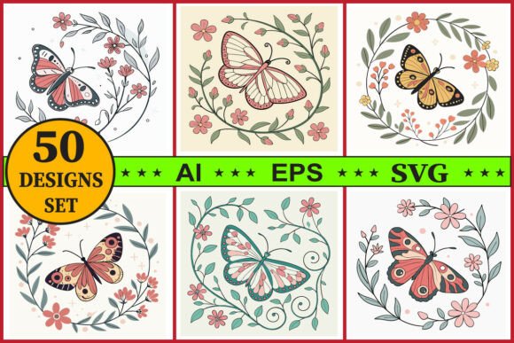 Download Butterfly with Floral Wreath Vector Set - Floral Collection
